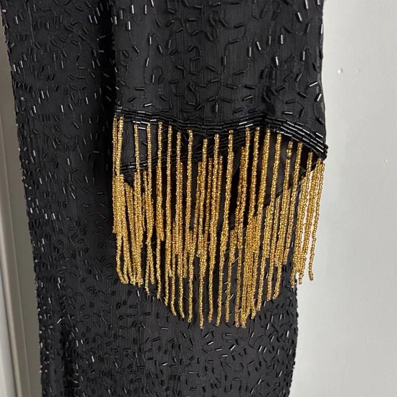 Vintage Silk Lori Ann Elegant Black and Gold Sequin Fringe Dress - Picture 6 of 14